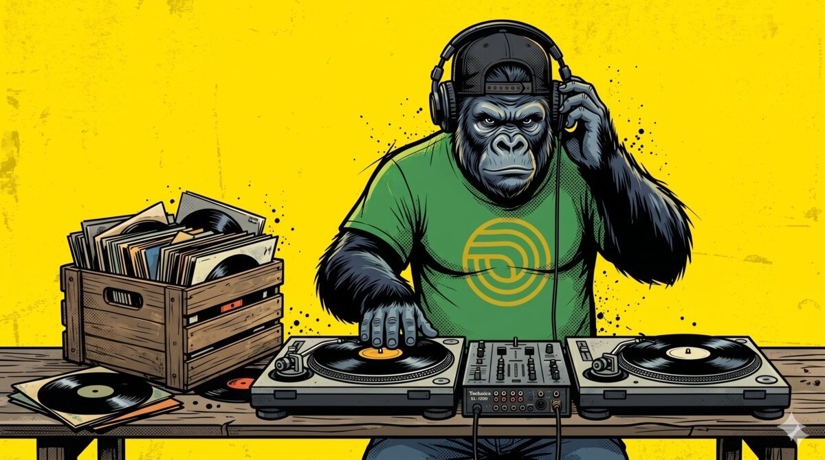Le gorille MrFreddy derrière des platines vinyles classiques, bac de vinyles en bazar à sa gauche, casque audio sur les oreilles — illustration du métier de DJ et de la matière musicale
