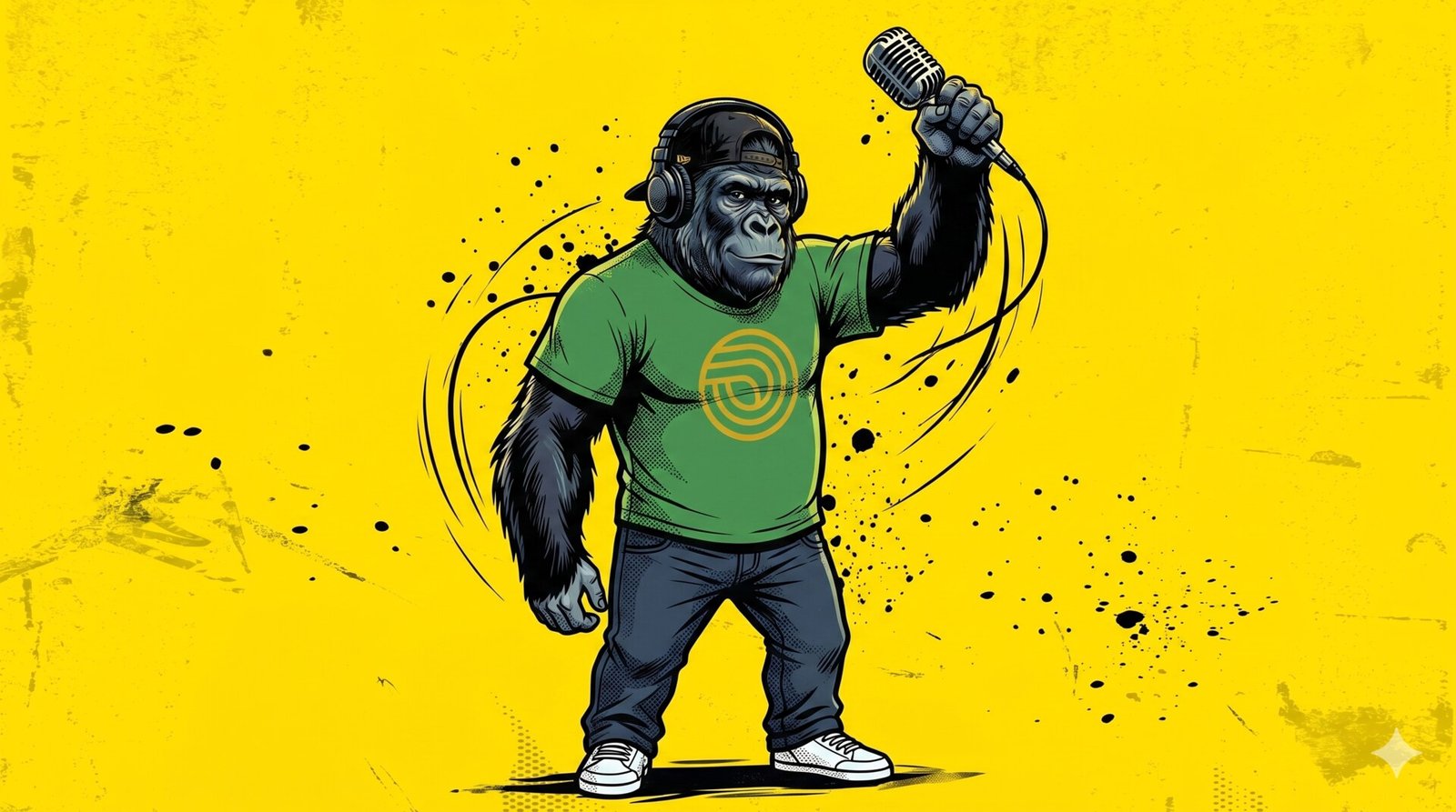 Le gorille MrFreddy en posture de performance scénique, micro à la main, casque audio sur les oreilles, fond jaune signature — illustration de l'article sur la tribune IA musique